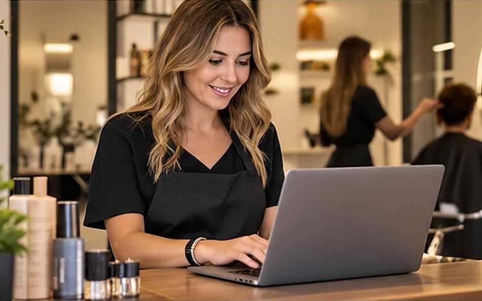 Una profesional con su portátil en su local, gestionando su web
